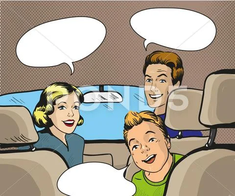 Family sitting in the car looking back. Vector illustration in pop art style Stock Illustrationen