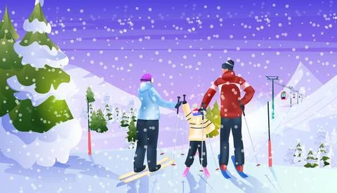 Family skiing tourists doing activities winter vacation concept snowfall Stock Illustration