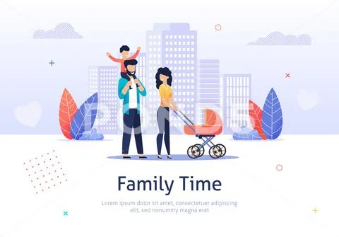 Family Spend Time Together Walking with Stroller. Stock Illustration