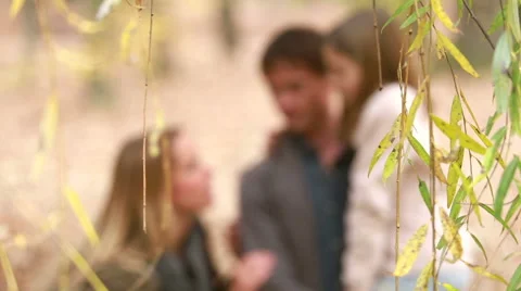 Family standing in park laughing and talking, father carries daughter in arms Stock Footage 59554440