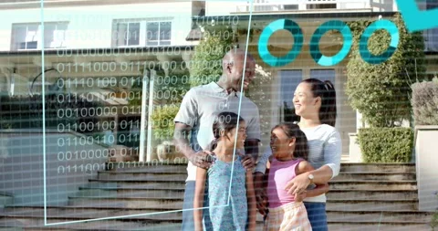 Family standing on steps as analysis starting, overlays sliding over family and Stock Footage 320955765