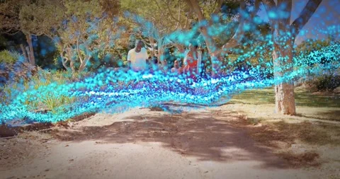 Family strolling path pausing as animated blue tech particle ribbon sweeps Stock Footage 327280824