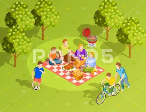 Family Summer Countryside Picnic Isometric View Stock Illustration