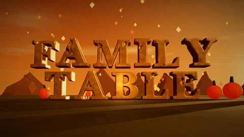 Family Table Burnished Copper 3D Letters with Pumpkins and Falling Maple Leaves 스톡 동영상 343370884