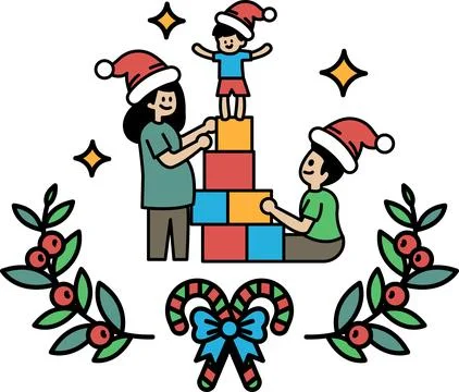 A family of three is building a tower of blocks Stock Illustration