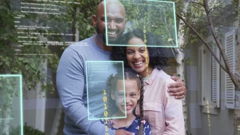 Family of three posing porch camera starting AR tech boxes code framing faces Stock Footage 333368602