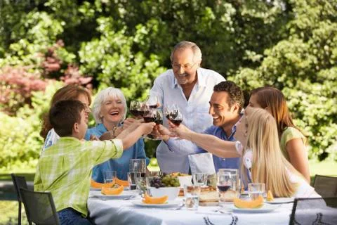 Family Toasting Wine Glasses At Table In Back Yard Stock Photos