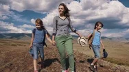 Family Of Tourists On A Journey. Mother With Two Daughters In The Campaign Stock Footage