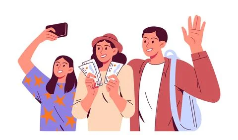 Family on trip taking selfies or making video call Stock Illustration