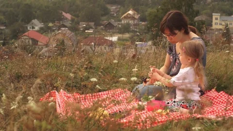 A family of two people, mom and a child on a picnic during the weekend Stock Footage 79934026