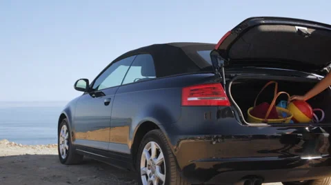 Family unloading boot of car at beach Vidéo 43677652