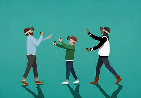 Family using virtual reality simulators Illustrazione stock