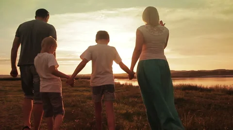 Family Walking Beach Sunset Travel Holiday Stock Footage