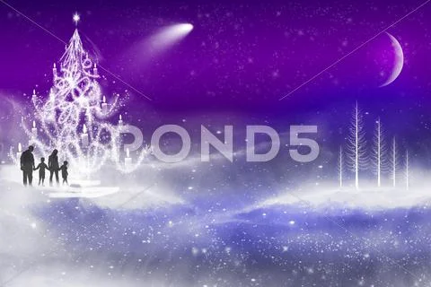Family walking at a snowy christmas new years eve Stock Illustration