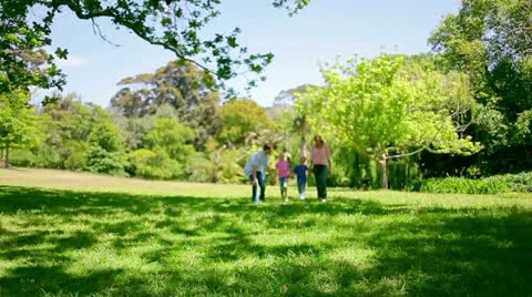 Family walking together in the park as the father points to something Stock Footage
