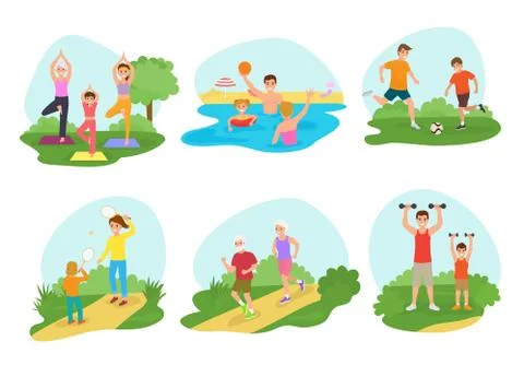 Family workout exercise vector active people mom or dad character and kids Stock Illustration