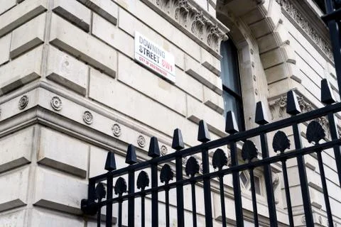 Famous 10 Downing Street SW1 City of Westminster sign on a wall with a black Stock Photos