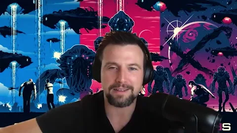 Famous actor Liam O'Donnell is interviewed for movie 'Skylines' - 2020 스톡 동영상 154342031