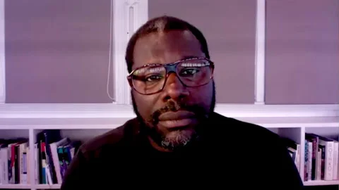 Famous actor Steve McQueen is interviewed for movie 'Small Axe' - 2021 Stock Footage 154343431