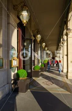 Famous arcade on Rivoli street, hotel Le Meurice, Paris, France Stock Photos