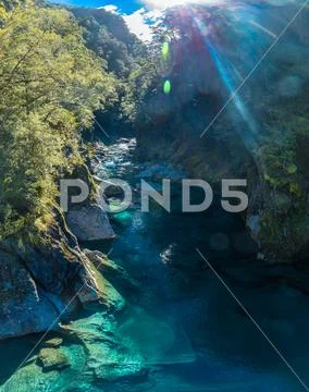 Famous attraction - Blue Pools, Haast Pass, New Zealand, South Island Stock Photos