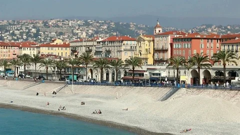The famous Baie des Anges in Nice, with its pebble beach. Stock Footage 108931049
