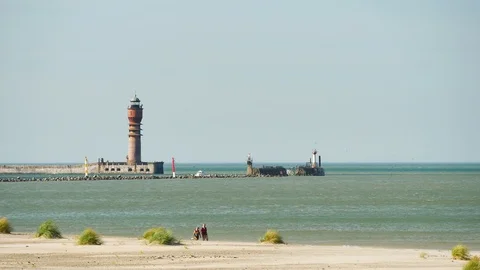 Famous beach and lightouse in Dunkirk Stock Footage 98159944