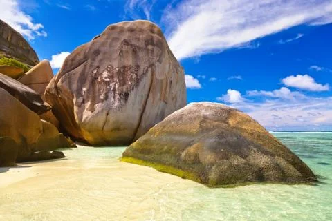 Famous beach Source d'Argent at Seychelles Stock Photos