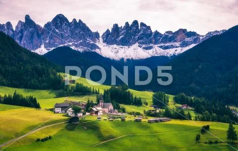 Famous best alpine place of the world, Santa Maddalena (St Magdalena) village Stock Photos