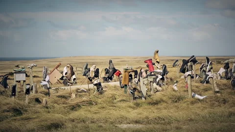 Famous Boot Hill Memorial In Rural Falkland Islands (Islas Malvinas) - 4K Stock Footage 345267520
