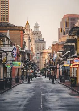 The famous Bourbon street in New Orleans without people in the morning Stock Photos