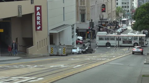 Famous cable car uphill San Francisco downtown busy avenue commute people travel Stock Footage 47296069