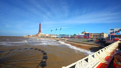 The famous central pier by Blackpool Tower and seaside Stock Footage 106068162
