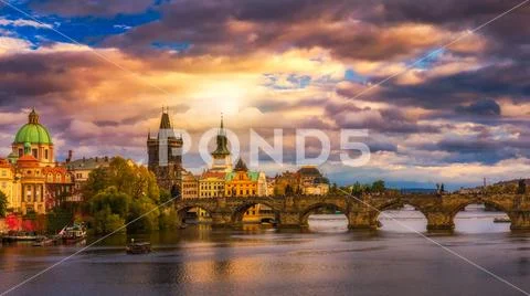 Famous Charles bridge in the sunset light, beautiful scenary and one of the i Stock Photos