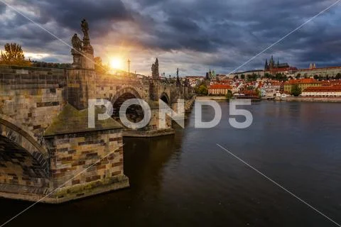 Famous Charles bridge in the sunset light, beautiful scenary and one of the i Stock Photos