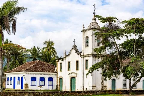 Famous churche between th vegetation in the ancient and historic city of Paraty Stock Photos