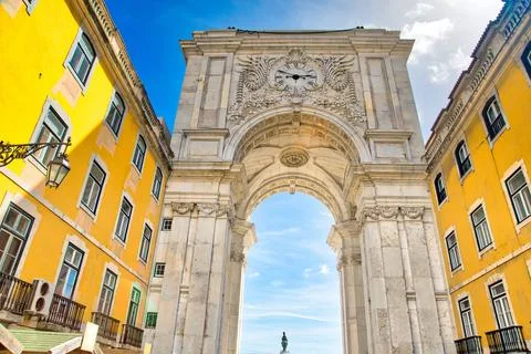 Famous Commerce Plaza (Praca do Comercio) in Lisbon facing Tagus River Stock Photos