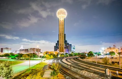 Famous Dallas Tower and Railroad Tracks at Night Stock Photos