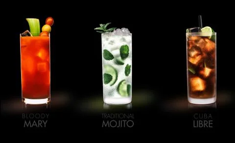 Famous drinks (Bloody Mary, Mojito, Cuba Libre)  - black background Stock Photos