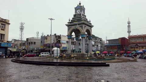 The famous 'Dufferin Clock tower' at Mysore cityscape on a rainy day in India. Stock Footage 201274925