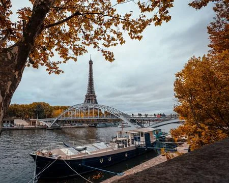 Famous Eiffel tower in the background of the Seine river in Paris, France Foto stock