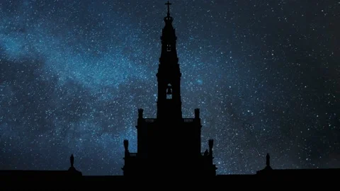 Famous Fatima Sanctuary: Time Lapse by Night with Stars and Milky Way Stock Footage 130585545