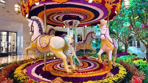 The famous flower carousel inside Wynn Resort. Stock Footage 339375481