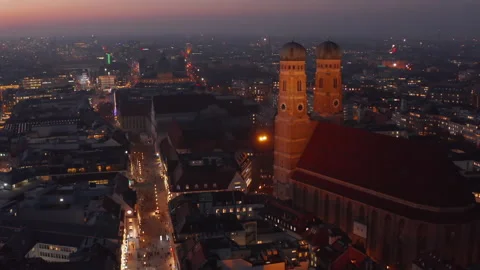 The Famous Frauenkirche Church Cathedral in Munich at Night, Aerial Dolly Stock Footage