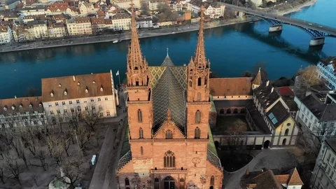 Famous Gothic-style Basel Minster, Cathedral in Basel, Switzerland at winter Stock Footage 104239853