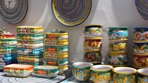 Famous handmade ceramics in the street souvenir shop. Stock Footage