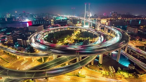 Famous highway intersection in Shanghai, China at night Video stock 82303367
