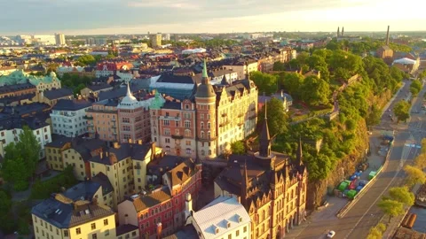 Famous hill of Stockholm, Södermalm district, near Söder Mälarstrand street Stock Footage 280184125
