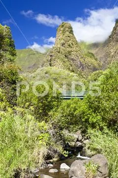 The famous Iao Needle in the Iao Valley State Park in Maui, Hawaii. Low angle Stock Photos