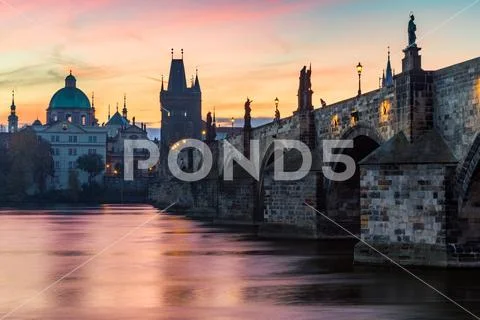 Famous iconic image of Charles bridge, Prague, Czech Republic. Concept of wor Stock Photos
